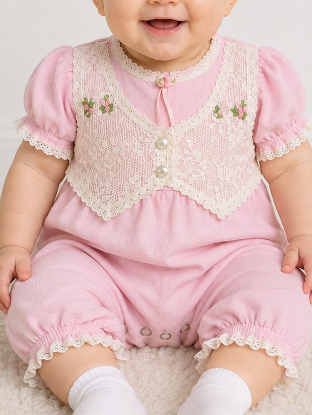 Vintage Brooke Lindsay Pink Baby Romper 3-6 Months Lace Floral Cottagecore